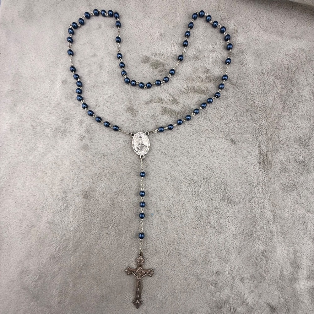 Vintage Rosary Necklace Blue Beaded Silver Tone 21"